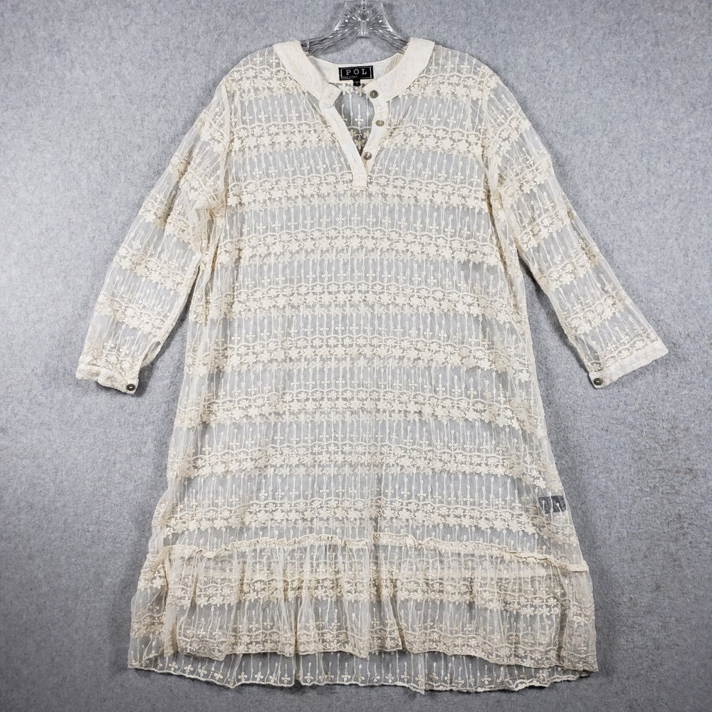 POL Lace Overlay Tunic Dress Sheer Boho Festival Cream‎ Size S Romantic Poetcore